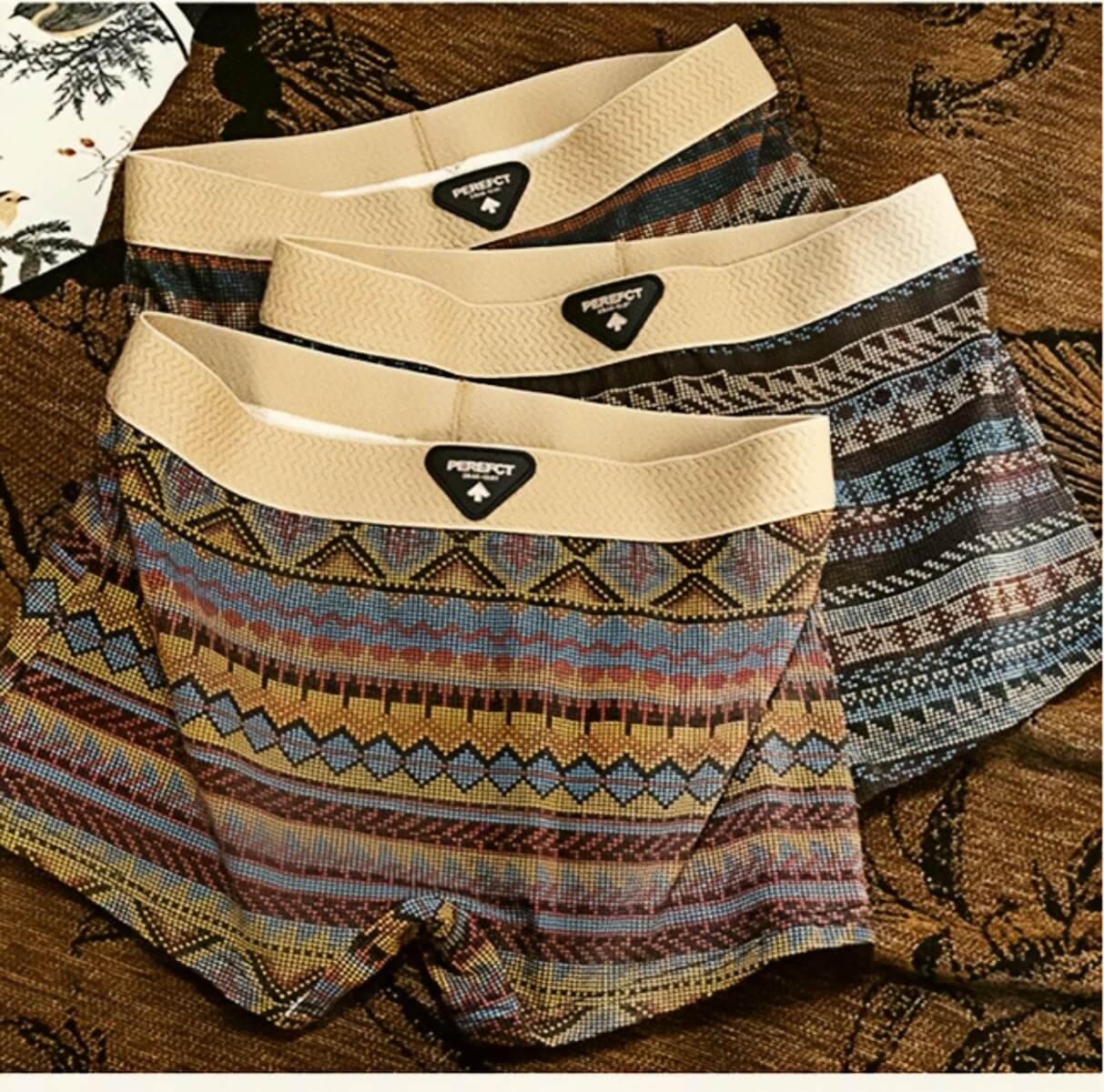 3-Pack Comfortable & Anti-Exposure Cotton Retro Ethnic Style Mid-Rise Boxer Shorts 35-75KG