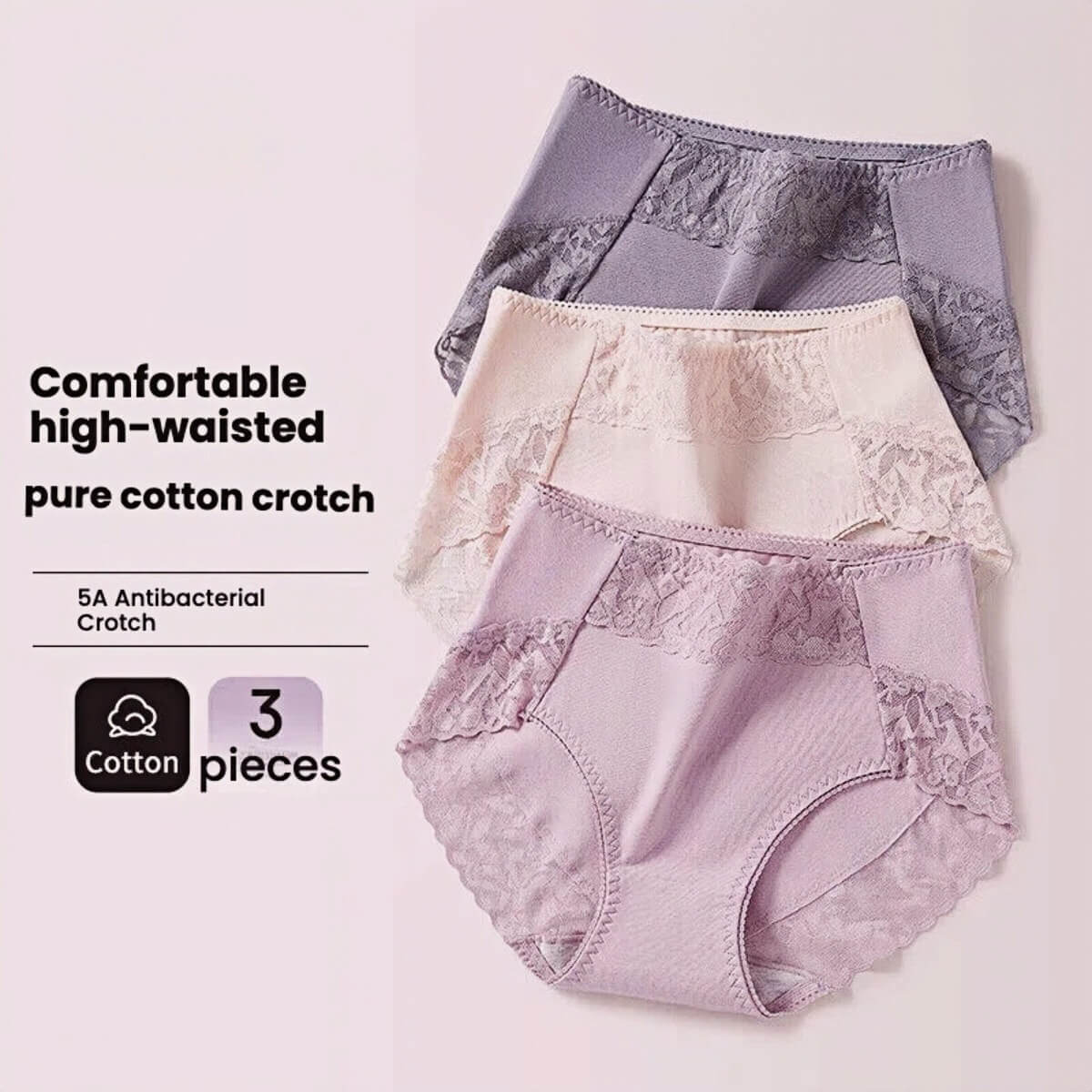 3-Pack Lace & Cotton Mid-High Waist Brief Underwear 40-80KG