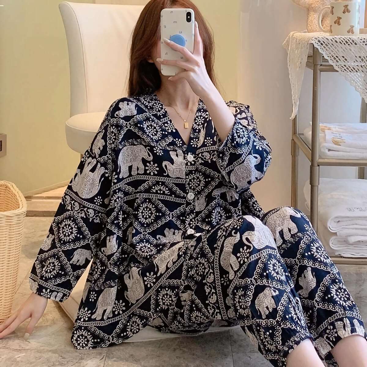 Cotton Poplin Stylish Pattern Pajamas Set