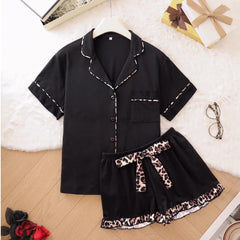 Cozy 2-Piece Short Pajama Set with Leopard Accent Bow Loungewear for Women
