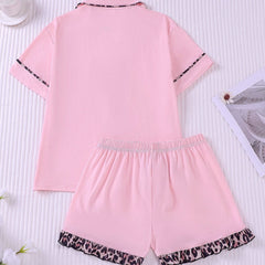 Cozy 2-Piece Short Pajama Set with Leopard Accent Bow Loungewear for Women