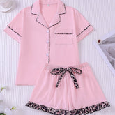 Cozy 2-Piece Short Pajama Set with Leopard Accent Bow Loungewear for Women