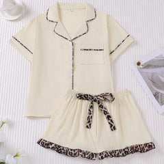 Cozy 2-Piece Short Pajama Set with Leopard Accent Bow Loungewear for Women