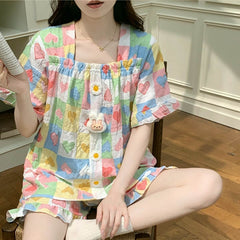 Korean Style Sweet Floral Pajama Set with Built-in Bra Pads - Ruffle Short Sleeve Loungewear 2-Piece Set