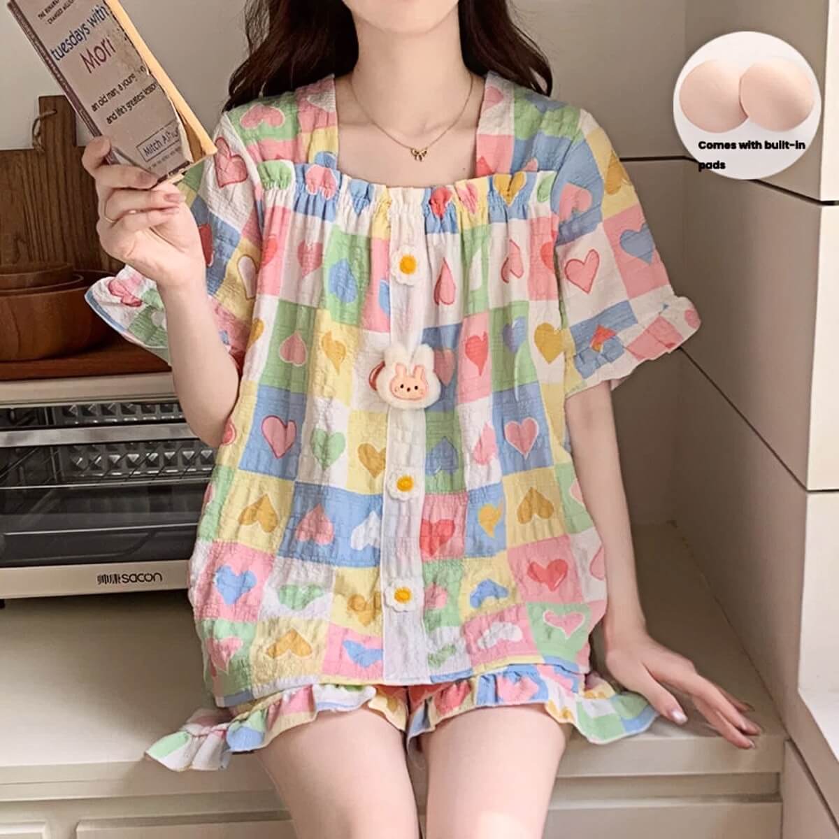 Korean Style Sweet Floral Pajama Set with Built-in Bra Pads - Ruffle Short Sleeve Loungewear 2-Piece Set