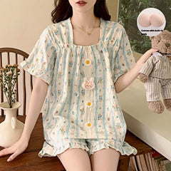 Korean Style Sweet Floral Pajama Set with Built-in Bra Pads - Ruffle Short Sleeve Loungewear 2-Piece Set
