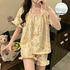 Korean Style Sweet Floral Pajama Set with Built-in Bra Pads - Ruffle Short Sleeve Loungewear 2-Piece Set