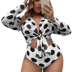 Plus Size 3 Piece Swimsuit Set with Dots High Waisted Bikini and Long Sleeves Cover Ups