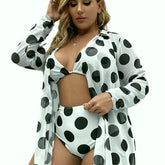 Plus Size 3 Piece Swimsuit Set with Dots High Waisted Bikini and Long Sleeves Cover Ups