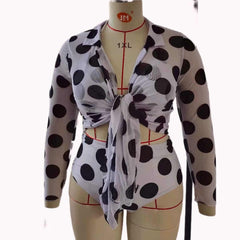 Plus Size 3 Piece Swimsuit Set with Dots High Waisted Bikini and Long Sleeves Cover Ups