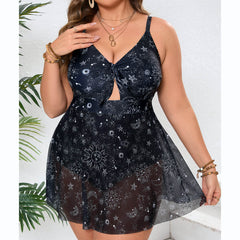 Plus Size Celestial Print V-Neck Mesh Swim Dress