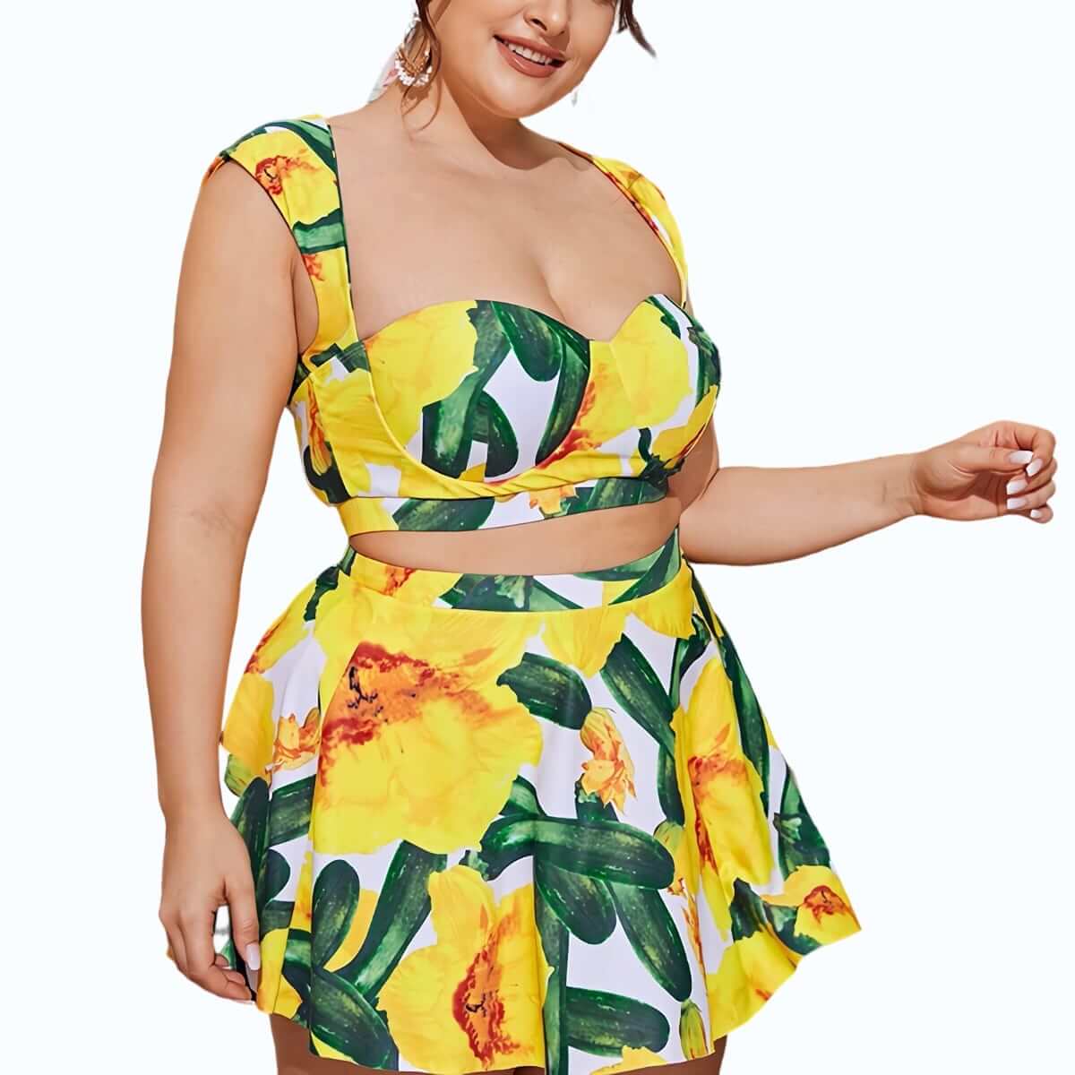 Plus Size High Waist Underwire Bikini Swimwear Ruffle Beach Skirt Set - 3 Pack