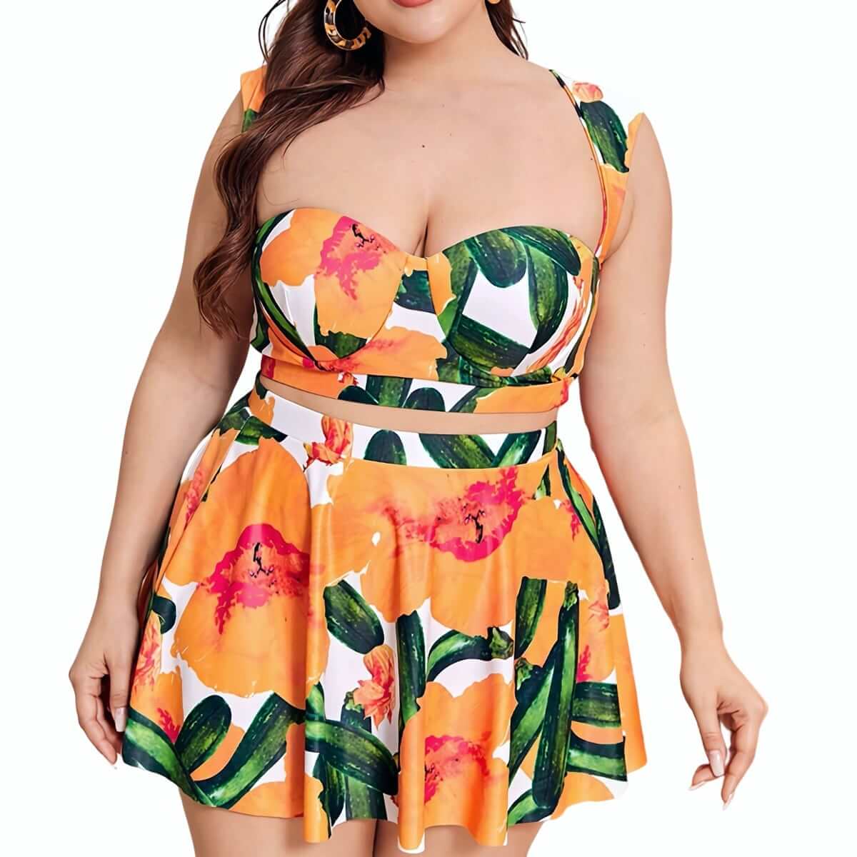 Plus Size High Waist Underwire Bikini Swimwear Ruffle Beach Skirt Set - 3 Pack