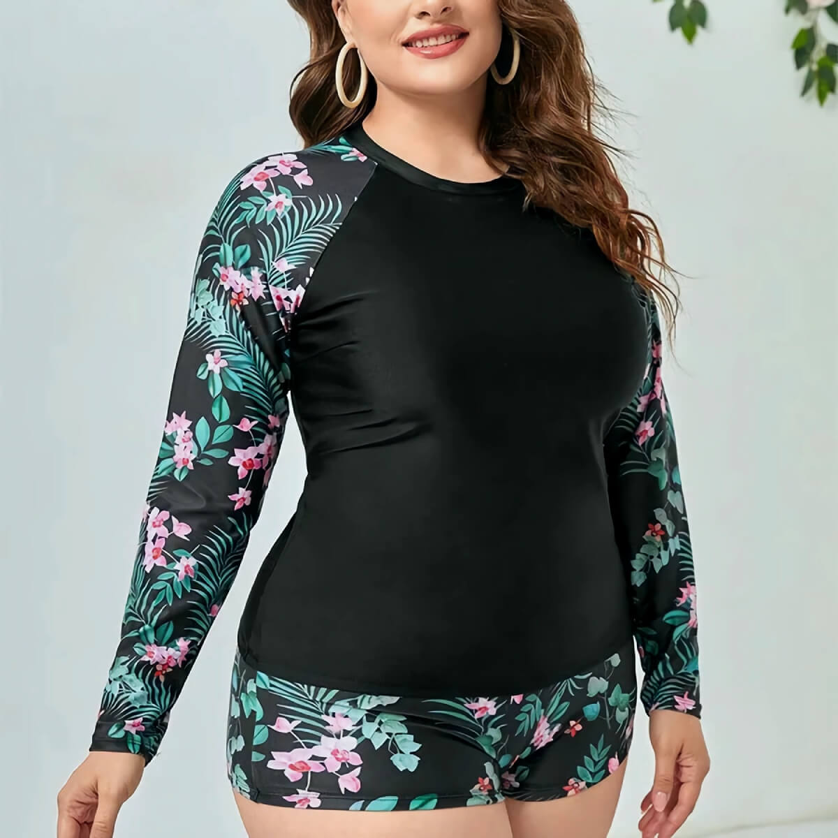 Plus Size Swimwear Women Printed Long Sleeve Swimsuit Two Piece