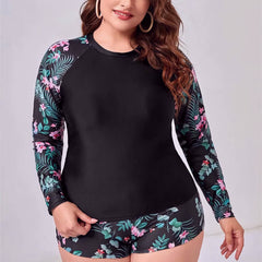 Plus Size Swimwear Women Printed Long Sleeve Swimsuit Two Piece