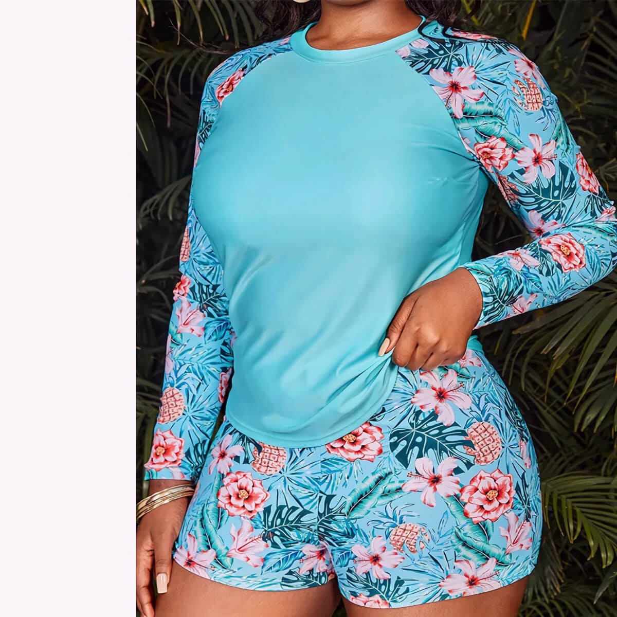 Plus Size Swimwear Women Printed Long Sleeve Swimsuit Two Piece