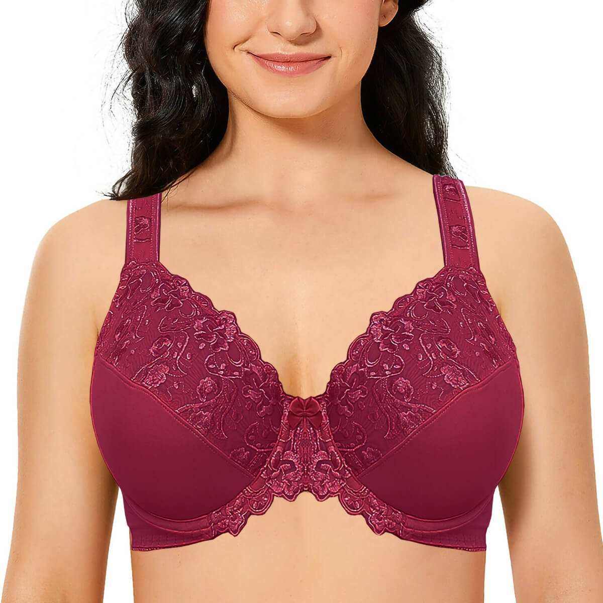 Women's Bra Unlined Lace Bra Plus Size Through Full Coverage Bralette With  Underwire (Color : Wine red, Size : 36F)