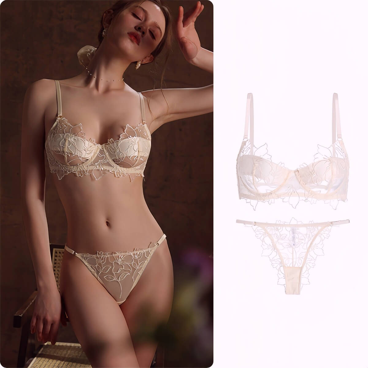 Ultra-Sheer Lace Bra Panty Set: Breathable Push-Up for Full-Bust Minimizer, Lightweight ABC Cup Lingerie
