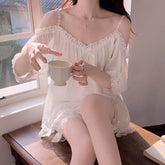 Ultra-Soft Modal Pajama Set with Built-in Pads & Lace Trim - Cold Shoulder Loungewear