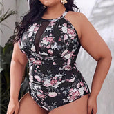 Vintage Print Mesh Splice One-Piece Bikini Plus Size