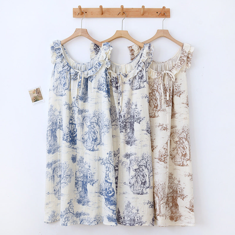 Vintage Toile de Jouy Ruffle Sleeveless Nightgown