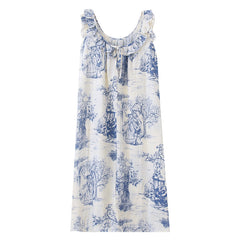 Vintage Toile de Jouy Ruffle Sleeveless Nightgown