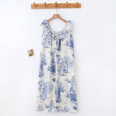 Vintage Toile de Jouy Ruffle Sleeveless Nightgown