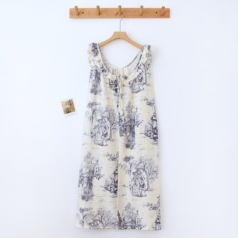 Vintage Toile de Jouy Ruffle Sleeveless Nightgown
