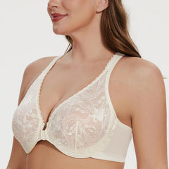Women's Plus Size Racerback Unlined Lace Underwire Front Closure Bra