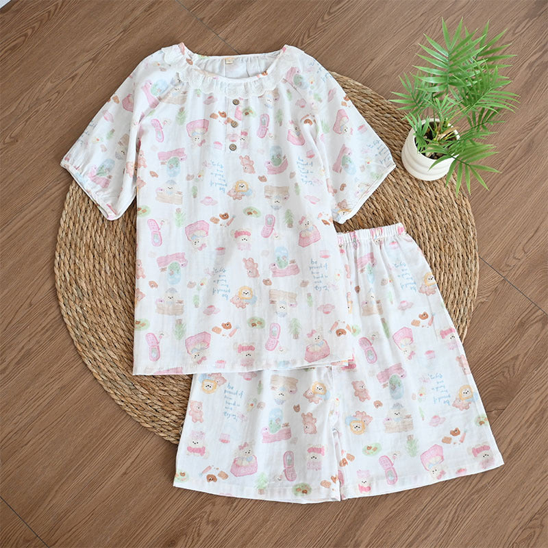 Women's Cute Cartoon Print Cotton Pajamas - Princess Short Sleeve Nightwear Set
