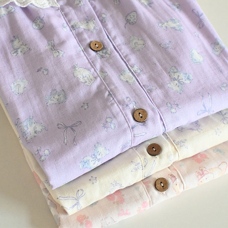 Womens Soft Double Gauze Cotton Pajama Set Sweet Ruffle Short Sleeve Loungewear