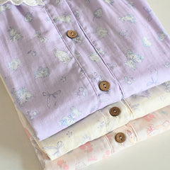 Womens Soft Double Gauze Cotton Pajama Set Sweet Ruffle Short Sleeve Loungewear