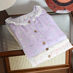 Womens Soft Double Gauze Cotton Pajama Set Sweet Ruffle Short Sleeve Loungewear