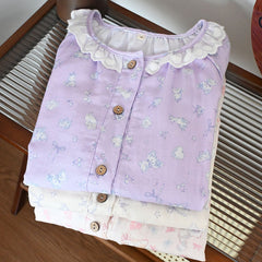 Womens Soft Double Gauze Cotton Pajama Set Sweet Ruffle Short Sleeve Loungewear