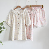 Womens Soft Double Gauze Cotton Pajama Set Sweet Ruffle Short Sleeve Loungewear