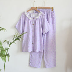 Womens Soft Double Gauze Cotton Pajama Set Sweet Ruffle Short Sleeve Loungewear