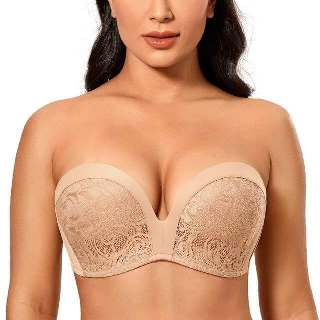 Buy Women's Slightly Padded Push Up Great Support Lace Strapless Bra Beige03  Cup Size C Bands Size 32 at