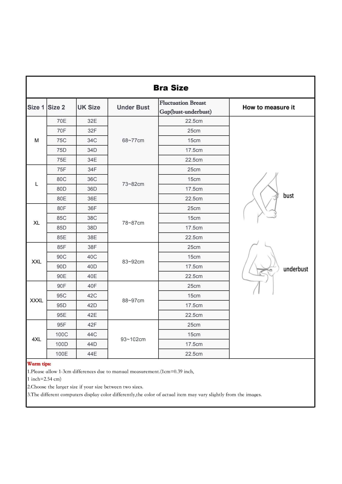 size chart for Comfortable Bras for Seniors