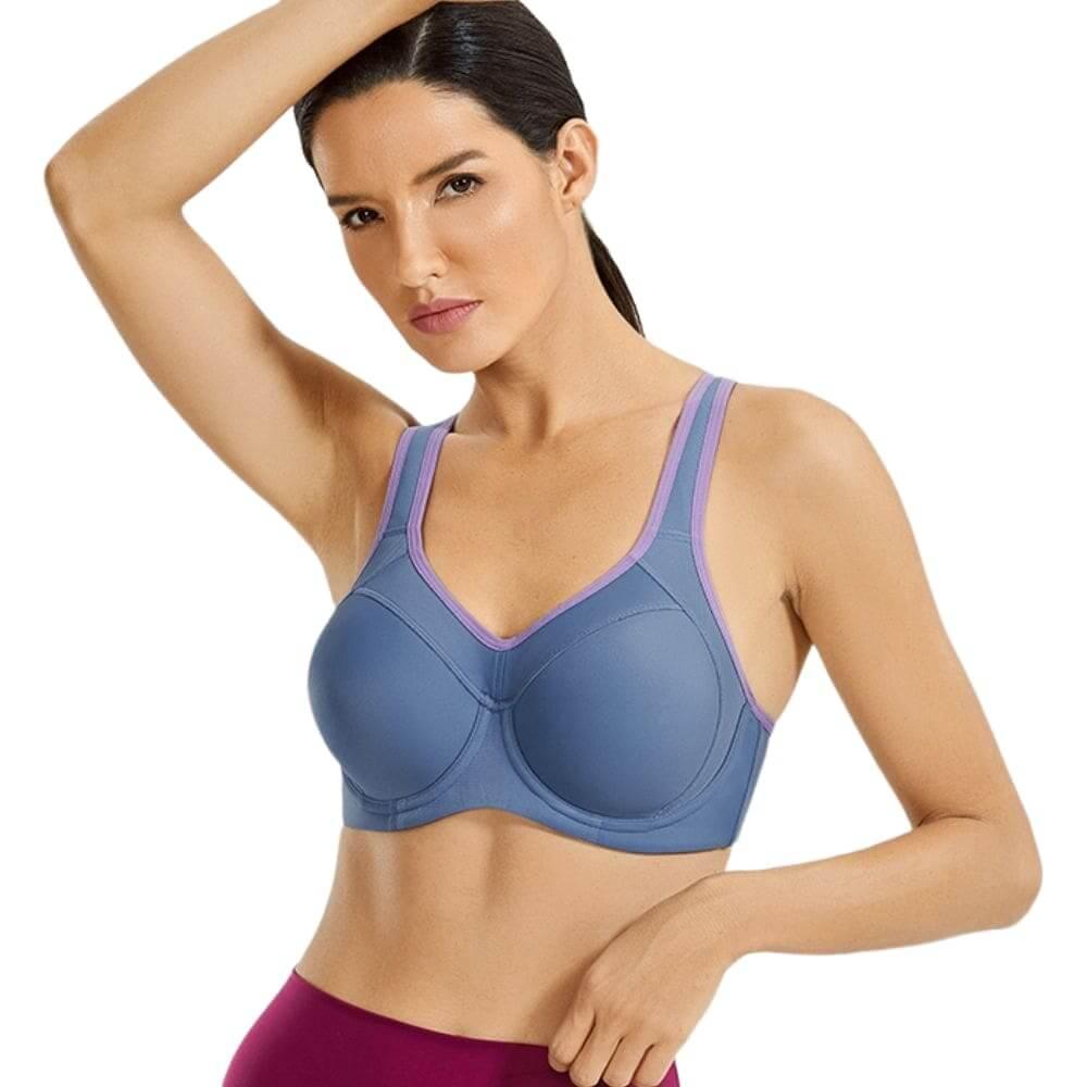  Womens Full Support High Impact Racerback Lightly Lined  Underwire Sports Bra Magenta Purple 32E