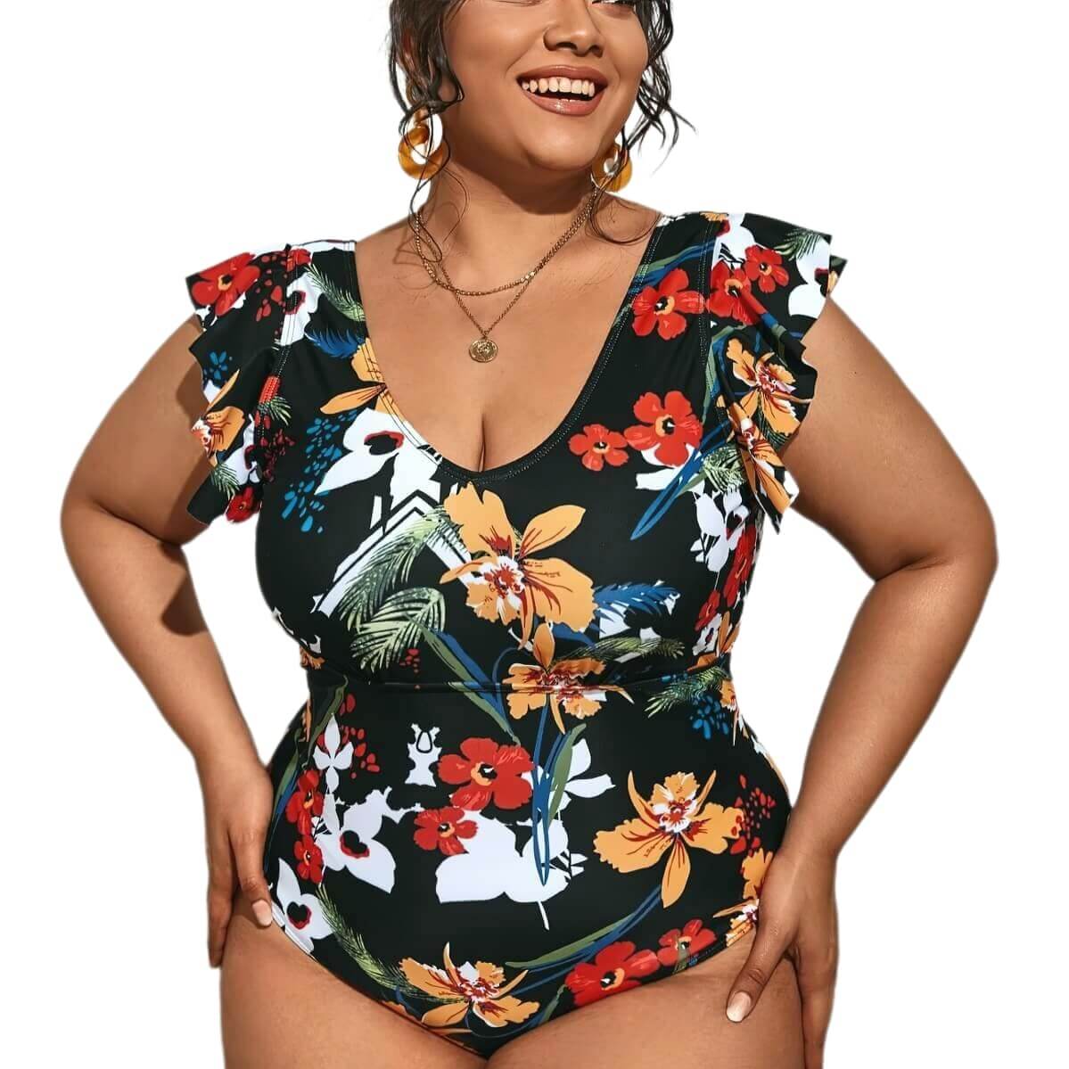 Plus Size Ruffle Swimsuit Flower Printed