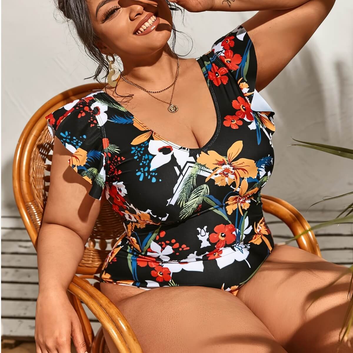 Plus Size Ruffle Swimsuit Flower Printed