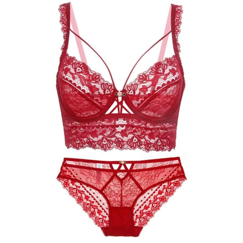 Sexy Lace Bra and Panty Sets for Women Push Up Lingerie Set Ladies  Underwire Bralette Top Mesh Briefs (Color : Red, Size : 85/38B)