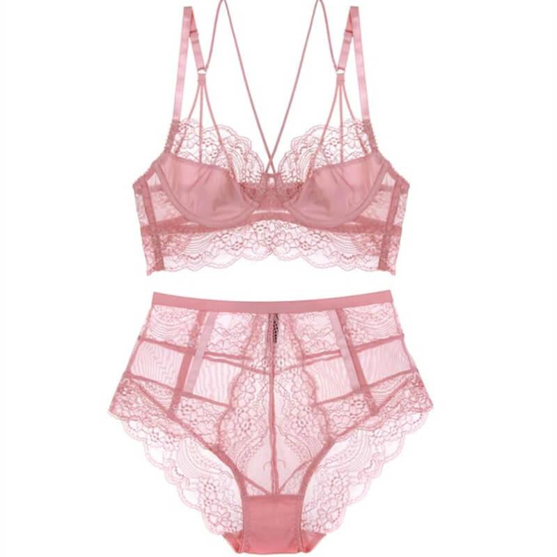 Sexy Bra Panty Set Thin Transparent Lace Underwear - Pink / 70B