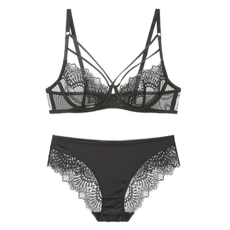 See Through Under Wire Nude Lace Designer Bra Panty Set (75B, Black) :  : Fashion