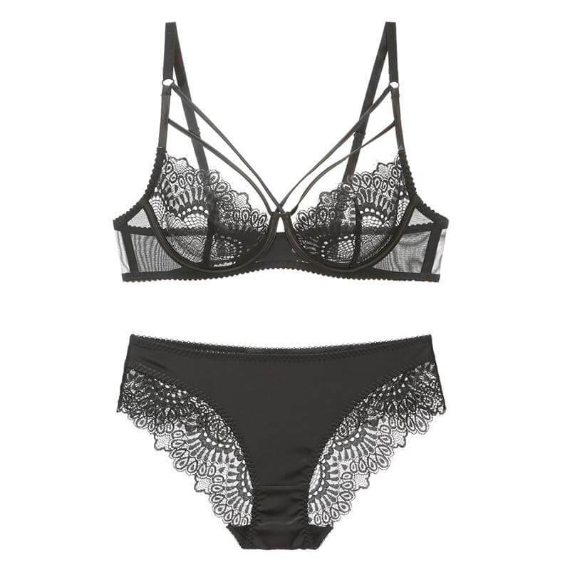 Lace Plunge See Through Underwire Bra And Panty Sets - Okay Trendy