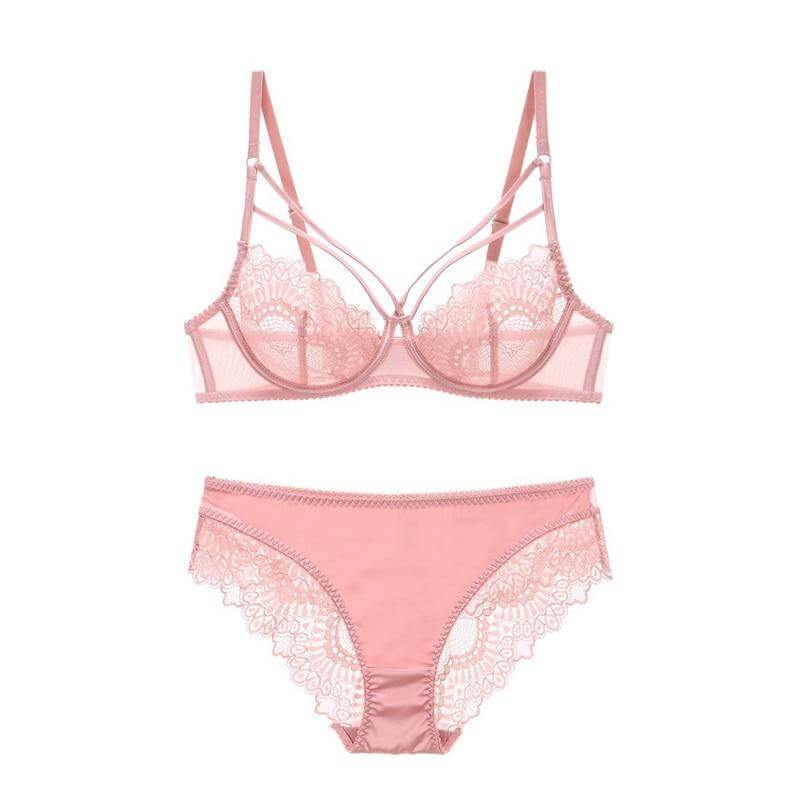 Lace Plunge See Through Underwire Bra And Panty Sets - Okay Trendy