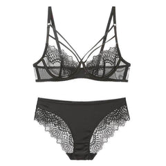 Lace Plunge See Through Underwire Bra And Panty Sets - Okay Trendy
