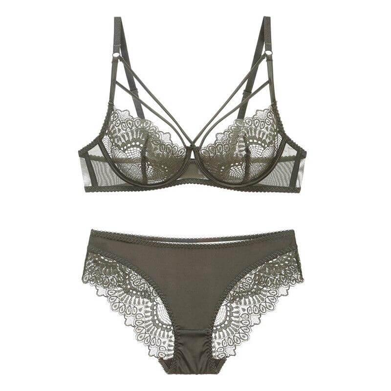 Lace Plunge See Through Underwire Bra And Panty Sets - Okay Trendy