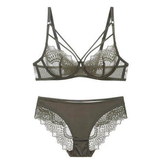 Lace Plunge See Through Underwire Bra And Panty Sets - Okay Trendy