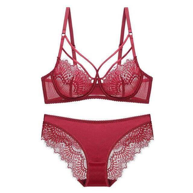 Lace Plunge See Through Underwire Bra And Panty Sets - Okay Trendy